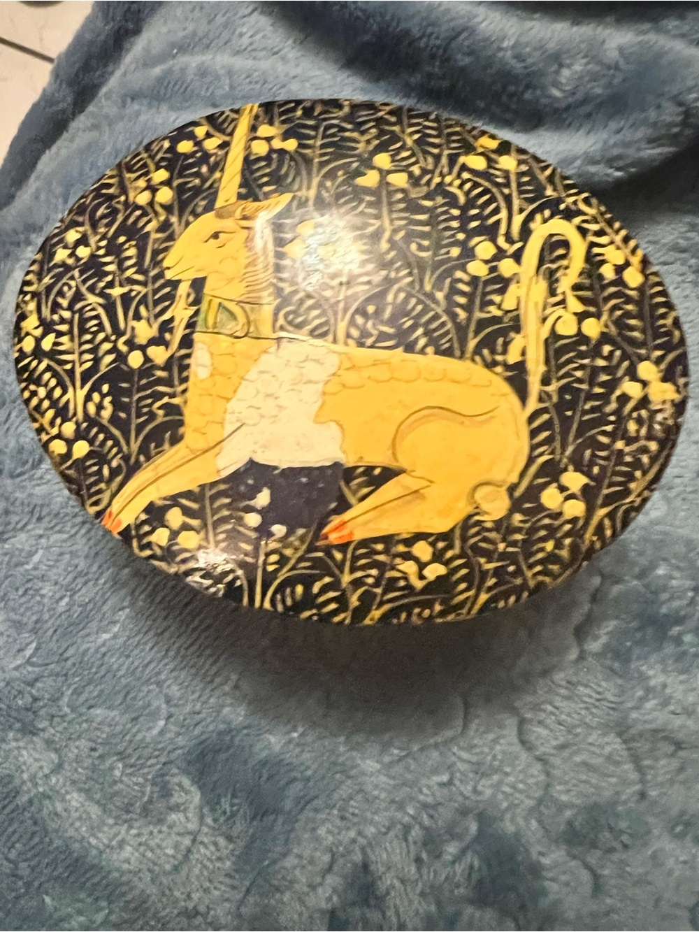 Source Unknown Yellow Unicorn Lacquered wood Box with Navy Floral Background
